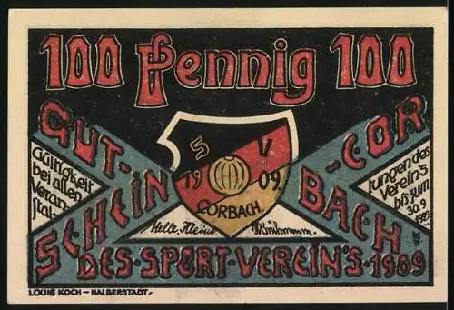 Notgeld Corbach, 1921, 100 Pfennig, Alt Corbach-Dalwigktor und Gutschein des Sportvereins 1909