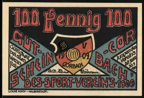 Notgeld Corbach, 100 Pfennig, Gedenkschein des Sport-Vereins 1909, mit Altstadtansicht