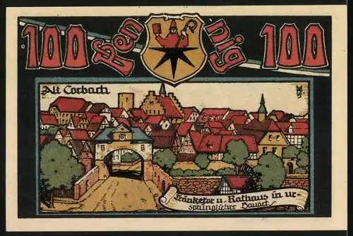 Notgeld Corbach, 100 Pfennig, Gedenkschein des Sport-Vereins 1909, mit Altstadtansicht