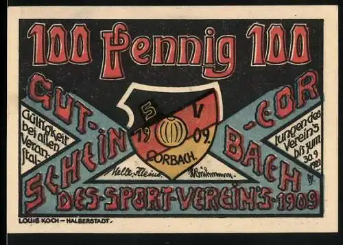 Notgeld Corbach, 100 Pfennig, Gutschein des Sport-Vereins 1909 mit Stadtansicht von Alt Corbach um 1730