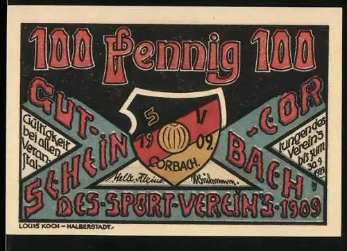 Notgeld Corbach, 100 Pfennig, Sportverein 1909 und Marktplatz mit St. Kilian Kirche