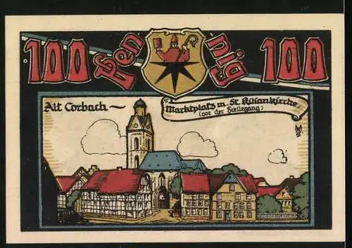 Notgeld Corbach, 100 Pfennig, Sportverein 1909 und Marktplatz mit St. Kilian Kirche