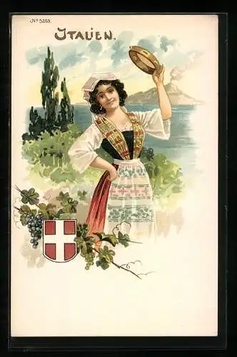 Lithographie Italien, Italienerin in Tracht mit Tambourin vor dem Vesuv, Wappen