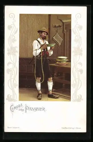 Lithographie Passeier, Mann in Tracht mit einem Teller