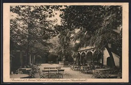 AK Ulm a. d. D., Die Brauerei zu den 3 Kannen, Bräuhausgarten