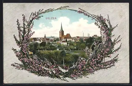 AK Uelzen, Ortsansicht mit der Kirche im floralen Passepartout