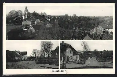 AK Gleschendorf / Lübeck, Kolonialwarengeschäft Hugo Speetzen, Strassenpartie, Ortsansicht mit der Kirche