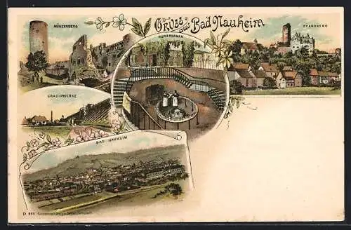 Lithographie Bad Nauheim, Kurbrunnen, Gradierwerk, Münzenberg