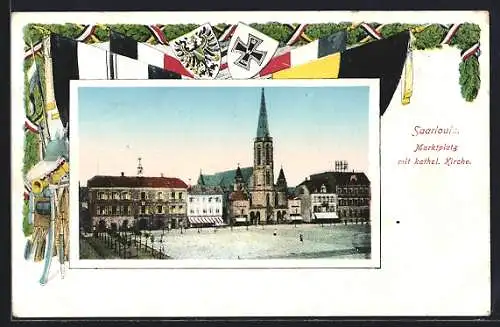AK Saarlouis, Marktplatz mit kathol. Kirche, Eisernes Kreuz, Nationalfahnen