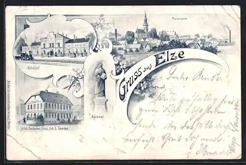 Lithographie Elze / Leine, Bahnhof, Hotel Deutsches Haus v. L. Temme, Denkmal, Panorama