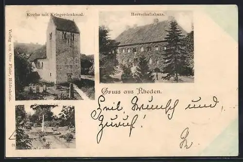 AK Rheden, Kirche mit Kriegerdenkmal, Herrschaftshaus, Parkansicht