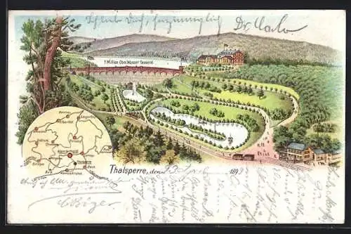 Lithographie Remscheid, Blick auf die Talsperre mit Hotel-Restaurant Thalsperre