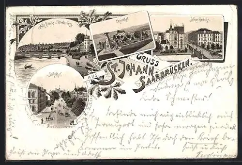 Lithographie St. Johann /Saarbrücken, Bahnhof, alte Brücke und Winterberg, Ehrenthal, neue Brücke