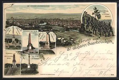 Lithographie St. Johann-Saarbrücken, Denkmal der 39er und 40er auf dem Spicherer Berg, Ortsansicht