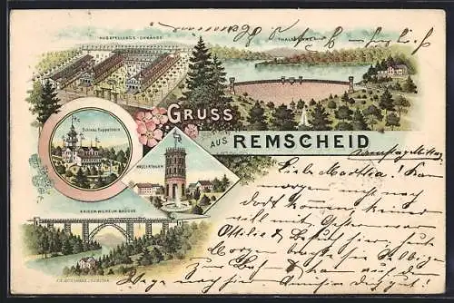 Lithographie Remscheid, Schloss Küppelstein, Wasserthurm, Thalsperre