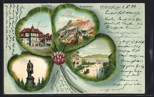 Passepartout-Lithographie Coblenz, Kaufhaus, Ehrenbreitstein, Schlossstrasse im Kleeblatt