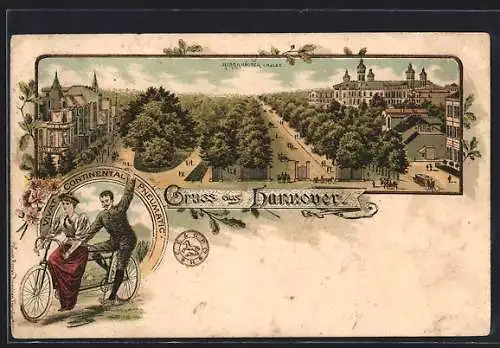 Lithographie Hannover, Herrnhauser-Allee aus der Vogelschau, Liebespaar fährt mit dem Tandem-Fahrrad