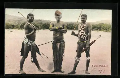 AK Three Dandies, South African native men with traditional weapons and umbrellas