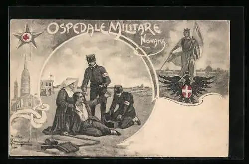 Künstler-AK Ospedale Militare Novara, Rotes Kreuz