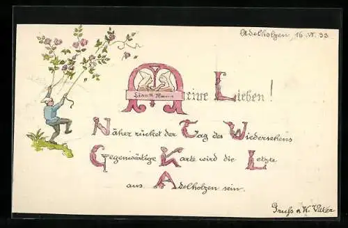 Künstler-AK Handgemalt: Ein Mann mit Rosen, künstlerische Initial-Buchstaben im Text
