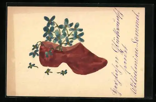 Künstler-AK Handgemalt: Ein Holzschuh und blaue Blumen