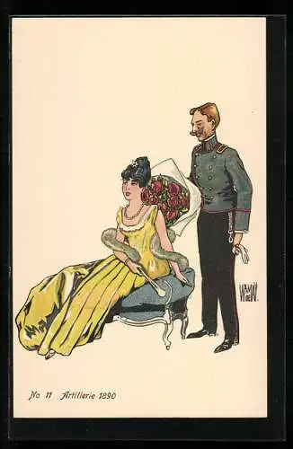 Künstler-AK sign. W. von May: schweizer Soldat in Uniform der Artillerie bringt hübschem Mädchen ein Rosenstrauss 1890