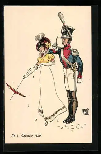 Künstler-AK sign. De Warnay: schweizer Soldat in Uniform mit Frau Chasseur 1820