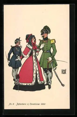 Künstler-AK sign. W. von May: Schweizer Uniformen, No 8, Infanterie & Carabinier 1860