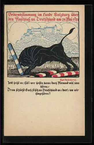 Künstler-AK Salzburg, Volksabstimmung 1921, Stier rennt gegen einen Grenzpfahl