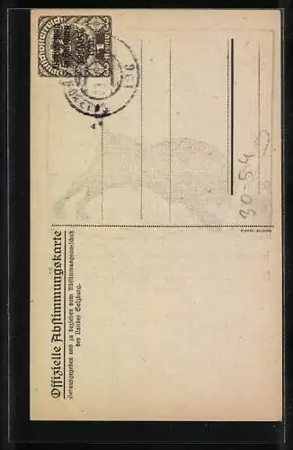 Künstler-AK Salzburg, Volksabstimmung 1921, Stier rennt gegen einen Grenzpfahl