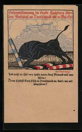 Künstler-AK Salzburg, Volksabstimmung 1921, Stier rennt gegen einen Grenzpfahl