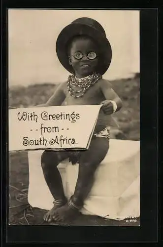 AK Greetings from South Africa, Afrikanisches Kind mit Hut und Brille