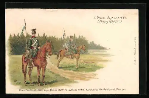 AK Soldaten in Uniform zu Pferde, 1. Ulanen-Regt. seit 1864, Feldzug 1870-71