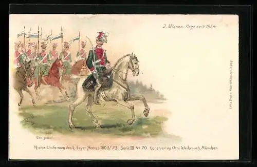 Lithographie Berittener Soldat des 2. Ulanen-Regt. des k. bayer. Heeres in Uniform, seit 1864