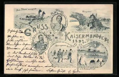 Lithographie Kaisermanöver 1897, Gestürzter Soldat, Vorposten, Biwak, sprungweises Vorgehen