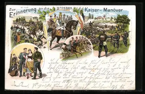 Lithographie Erinnerung an den Kaiserbesuch u. Parade, Soldaten auf Pferden