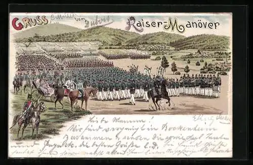 Lithographie Kaisermanöver, Soldaten marschieren am Kaiser vorbei