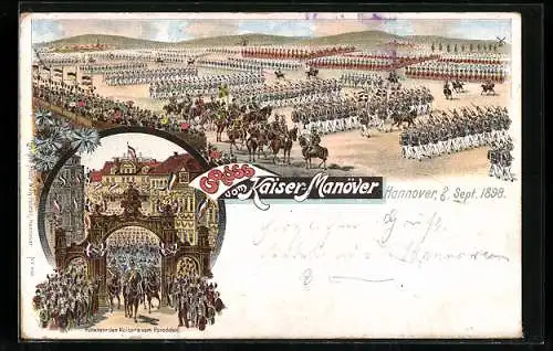 Lithographie Hannover, Sept. 1898, Kaiser-Manöver, Rückkehr des Kaisers vom Paradefeld