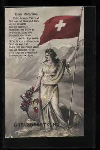 AK Die Helvetia mit Wappenschild und der Schweizer Flagge