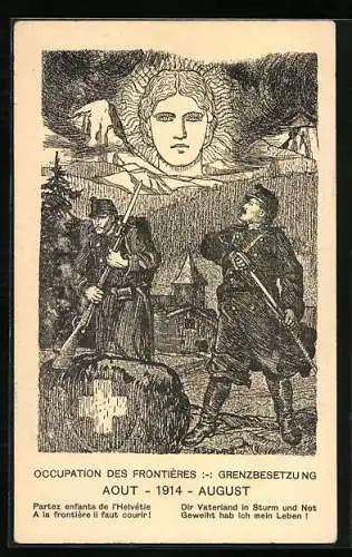 Künstler-AK Grenzbesetzung August 1914, Dir Vaterland in Sturm und Not Geweiht hab ich mein Leben!, Helvetia