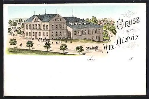 Lithographie Oderwitz, Gasthof zum Kretscham, Pferdekutschen