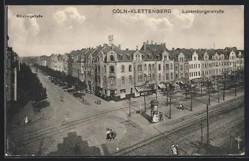 AK Köln-Klettenberg, Luxemburgerstrasse und Sülzburgstrasse mit Geschäften und Litfasssäule