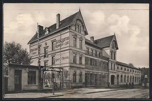 AK Herrenhausen, Gasthaus Schlosssgarten E. Hefke mit Strassenbahn