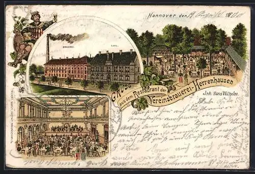 Lithographie Hannover, Restaurant der Vereinsbrauerei-Herrenhausen, Innenansicht, Garten