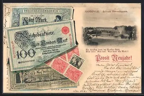 AK Hannover, Schloss Herrenhausen, Reichsbanknote 100 Mark, Reichsschuldenschein, Prosit Neujahr