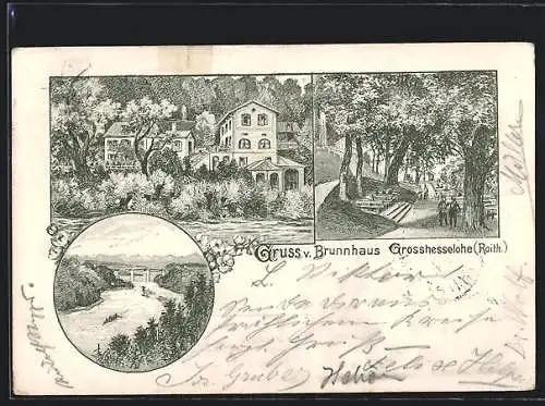 Lithographie Grosshesselohe, Brunnhaus, Flusspartie & Gartenansicht