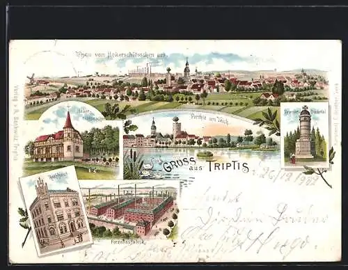 Lithographie Triptis, Hoker-Schlösschen, Porzellanfabrik, Rathaus