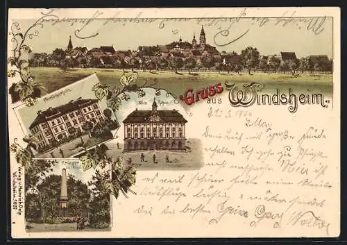 Lithographie Windsheim, Pfarrtöchterheim, Altes Rathaus, Kriegerdenkmal, Totalansicht