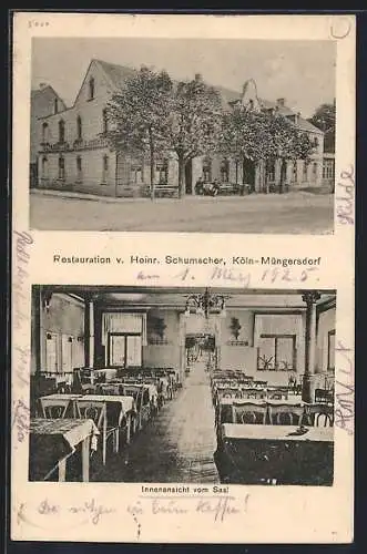 AK Köln-Müngersdorf, Restaurant von Heinr. Schumacher, Innen- und Aussenansicht