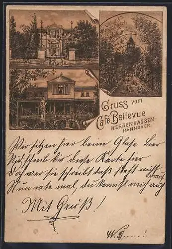 Lithographie Hannover-Herrenhausen, Cafe Bellevue mit Garten